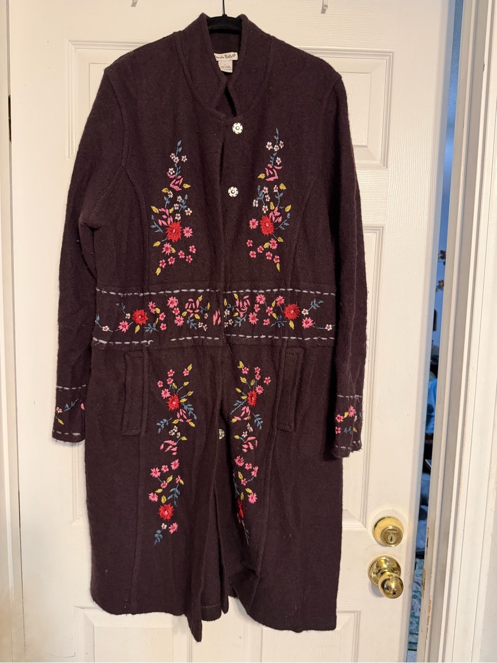 Embroidered Floral Long Wool Coat - Deep Plum